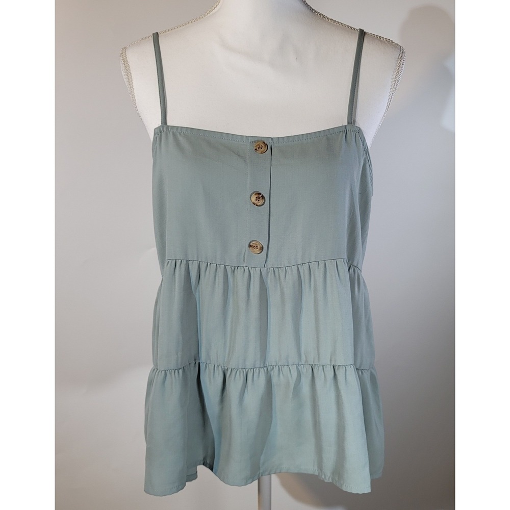Paper Crane Cami Top Women's Sage Green Tiered Babydoll Button Front Size M
